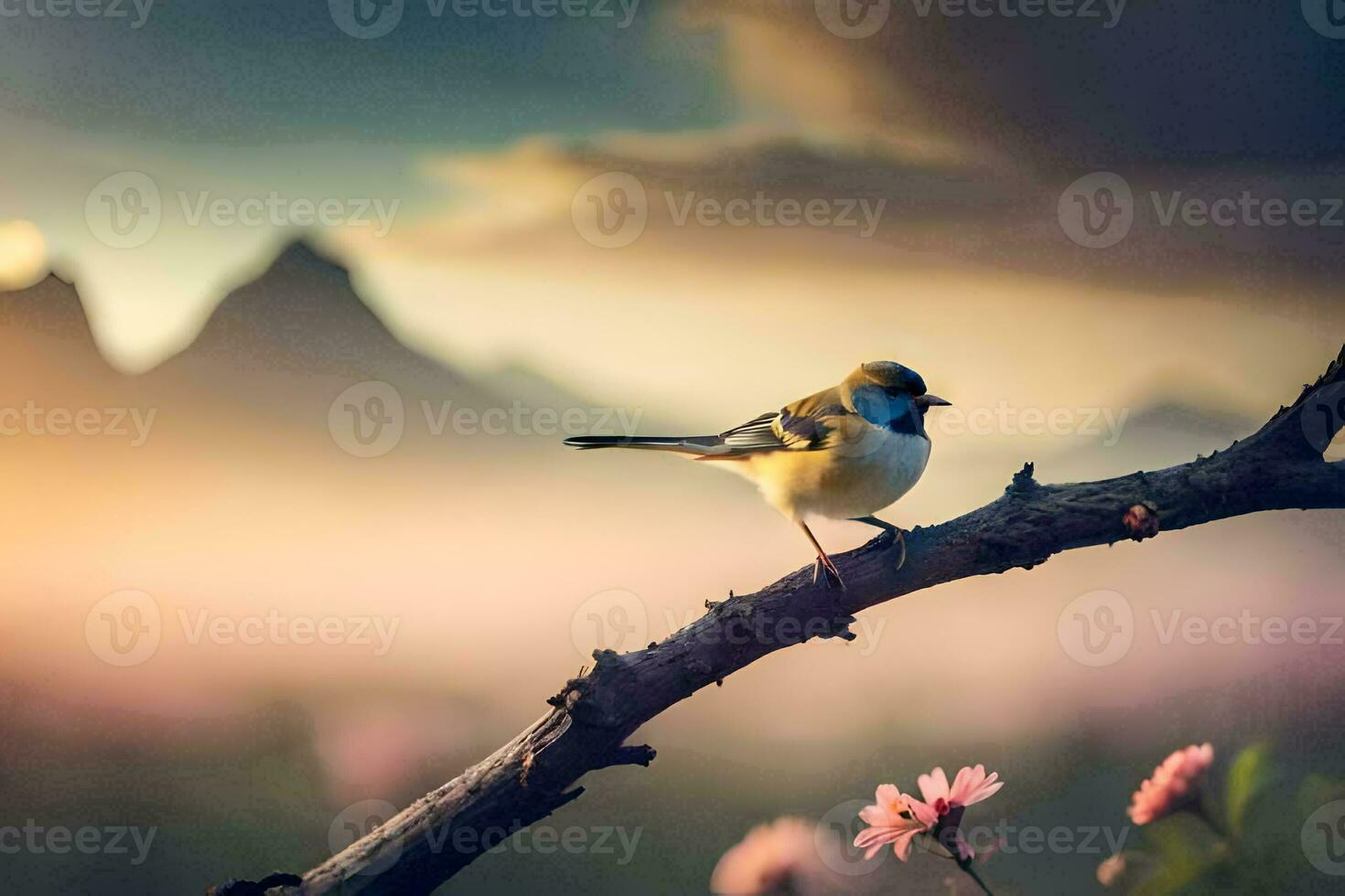 a bird sits on a branch in front of a mountain. AI-Generated photo