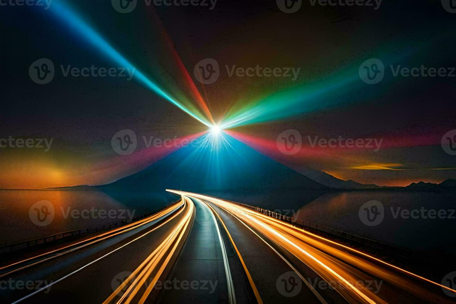 a long exposure photo of a road with light trails. AI-Generated