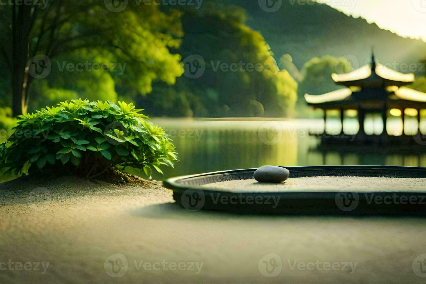 a zen garden in the middle of a lake. AI-Generated photo