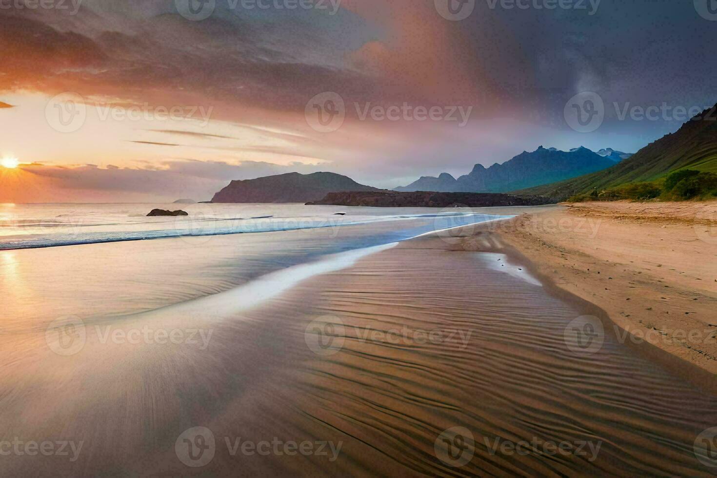 the sun sets over a beach and mountains. AI-Generated photo