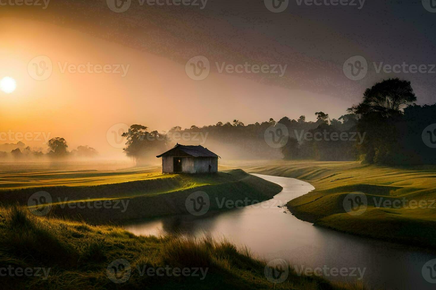 a small house sits on a grassy field at sunrise. AI-Generated photo