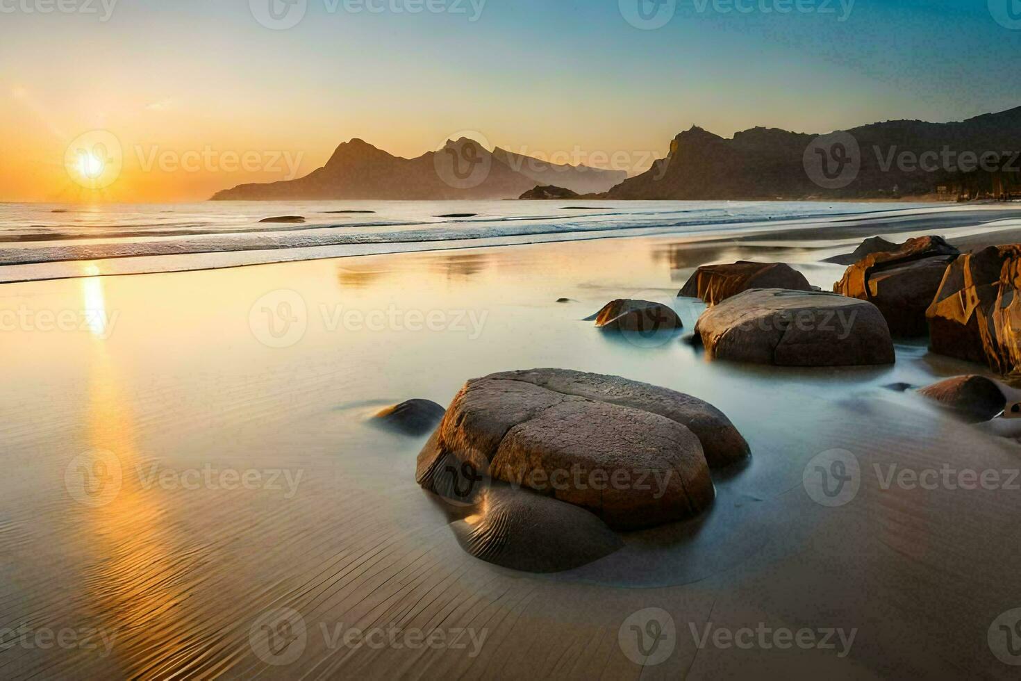 the sun sets over the ocean and rocks on the beach. AI-Generated photo