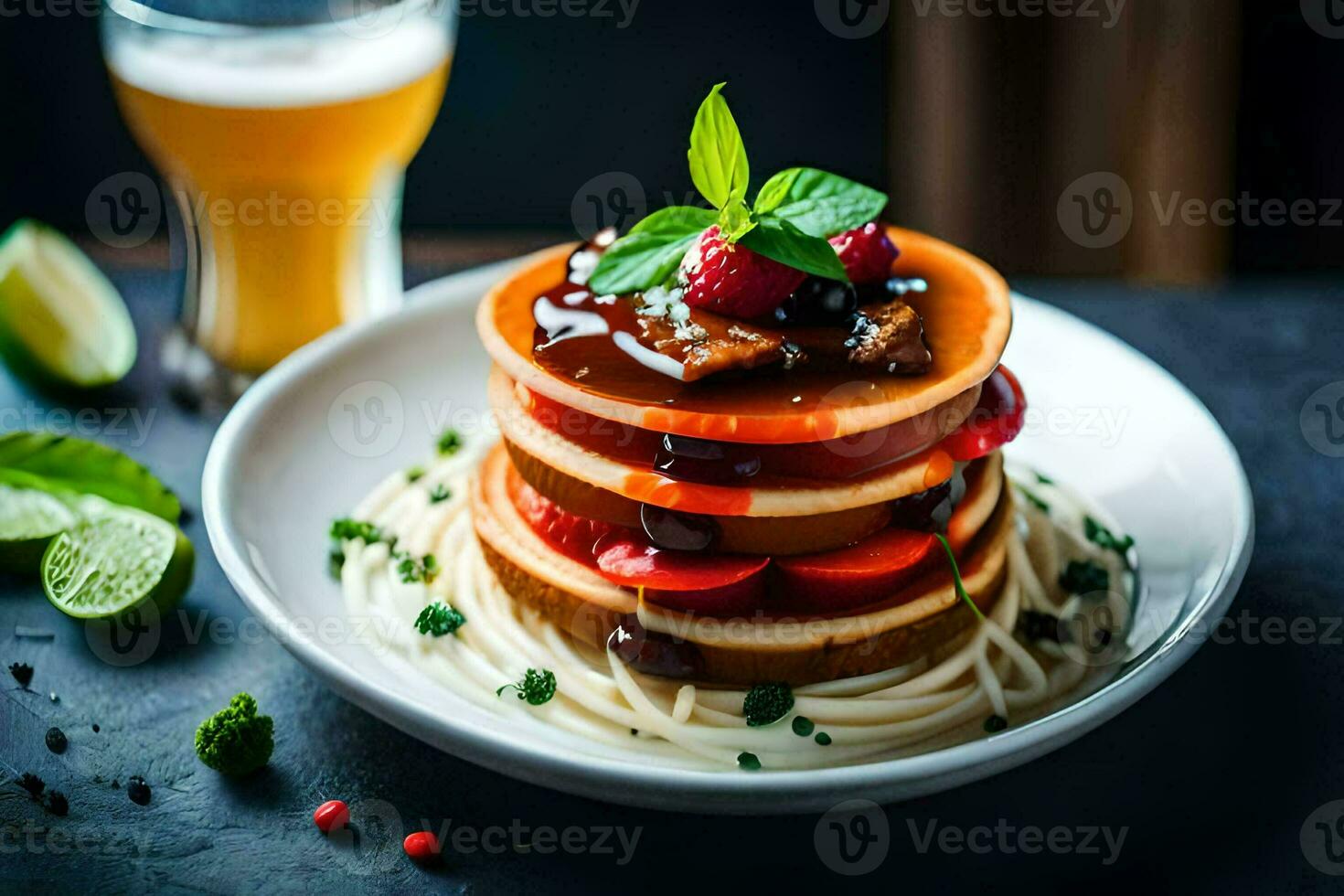 a stack of pancakes with tomato sauce and cheese. AI-Generated photo