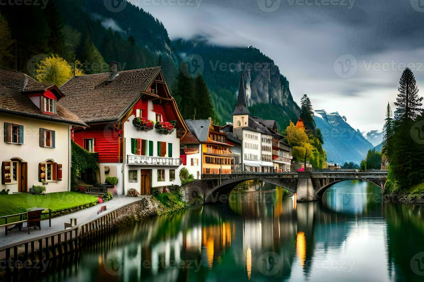 photo wallpaper the sky, mountains, water, houses, bridge, lake, switzerland, al. AI-Generated