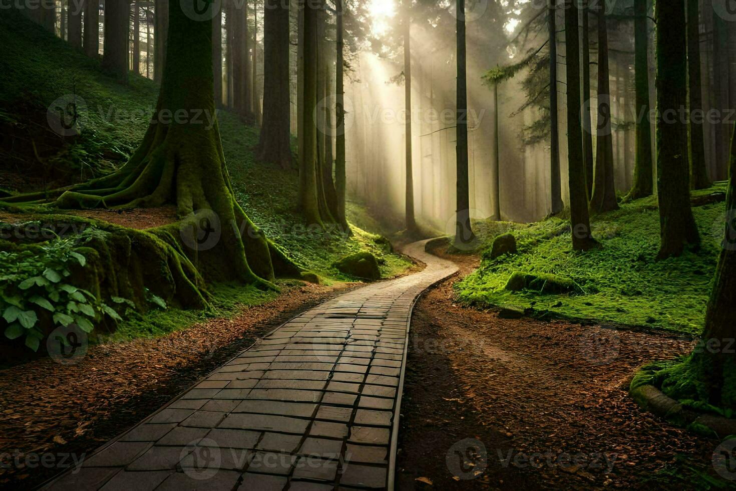 a path through a forest with trees and sunbeams. AI-Generated photo