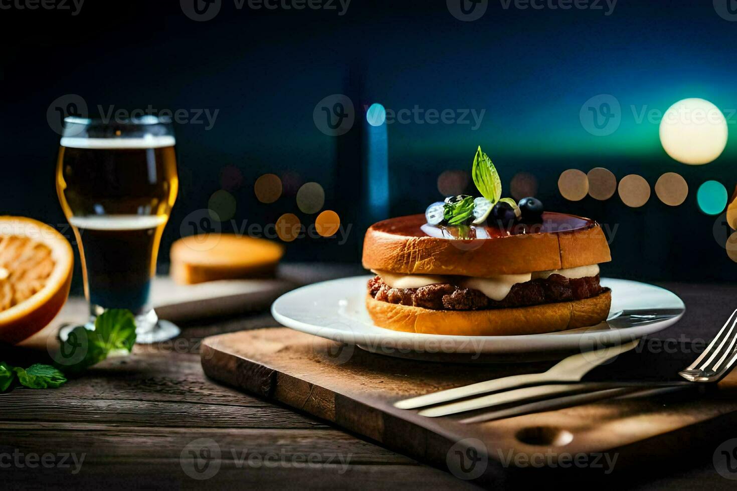 un hamburguesa y cerveza en un mesa con un ciudad vista. generado por ai foto