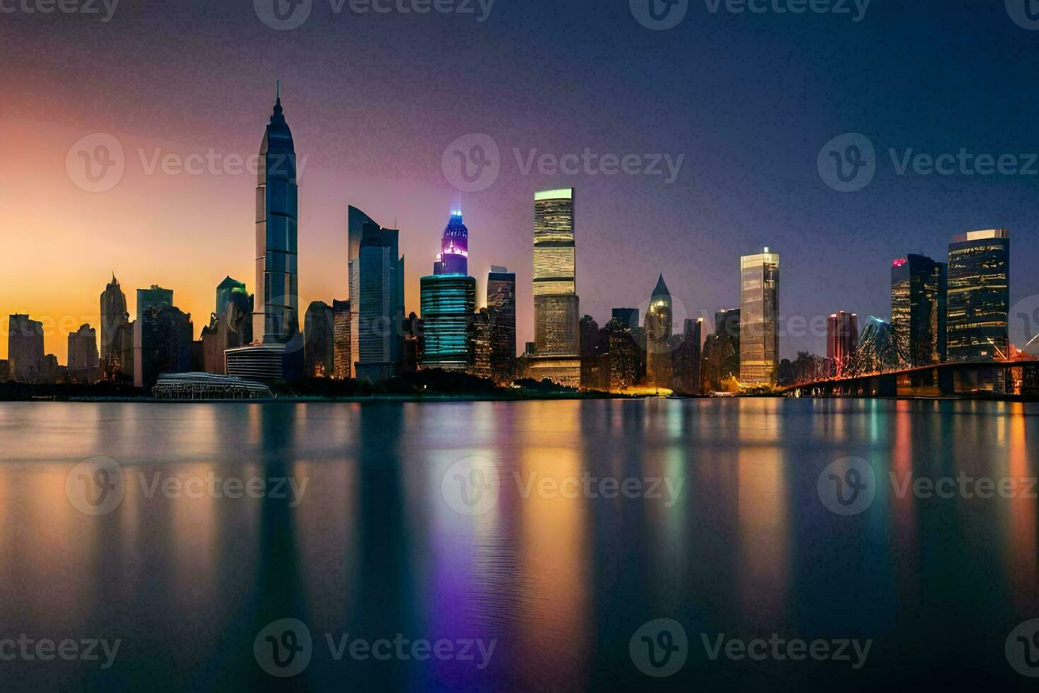 the city skyline at dusk in shanghai. AI-Generated photo