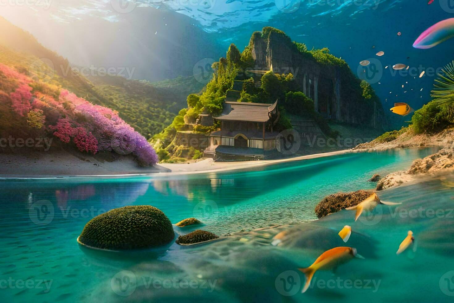 a beautiful underwater scene with a house and fish. AI-Generated photo