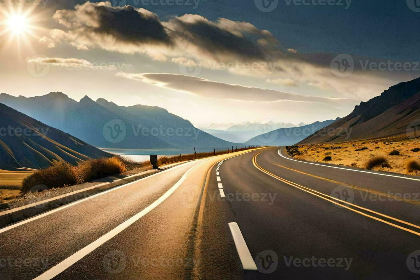 an empty road with mountains in the background. AI-Generated photo
