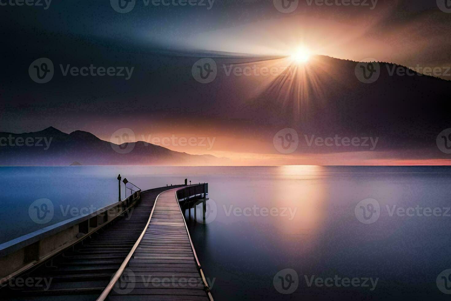 a pier with the sun shining over it. AI-Generated photo