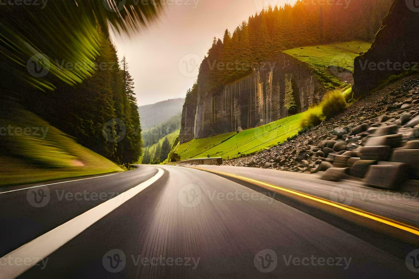 un coche conducción abajo un montaña la carretera. generado por ai foto