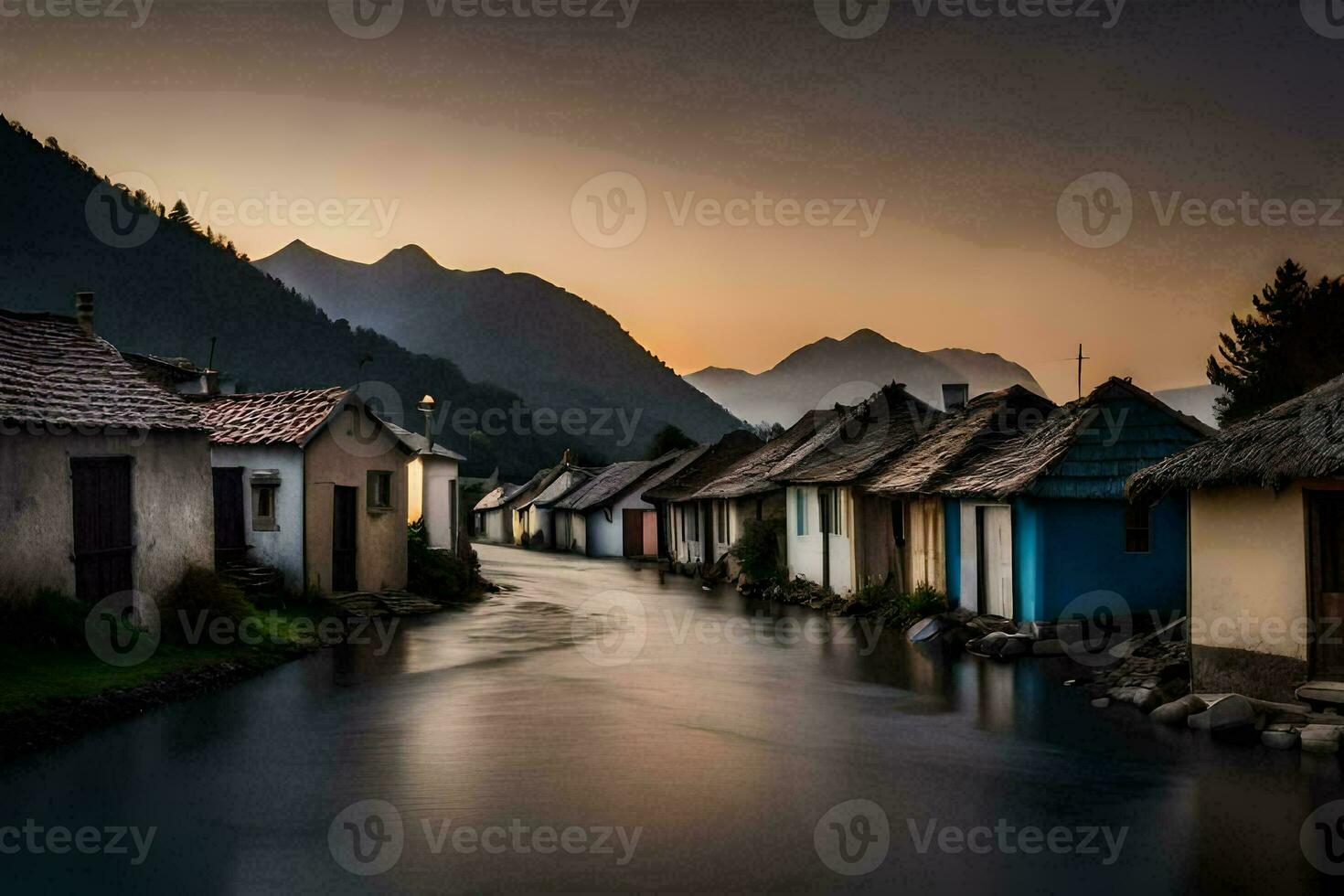 a river runs through a village at sunset. AI-Generated photo