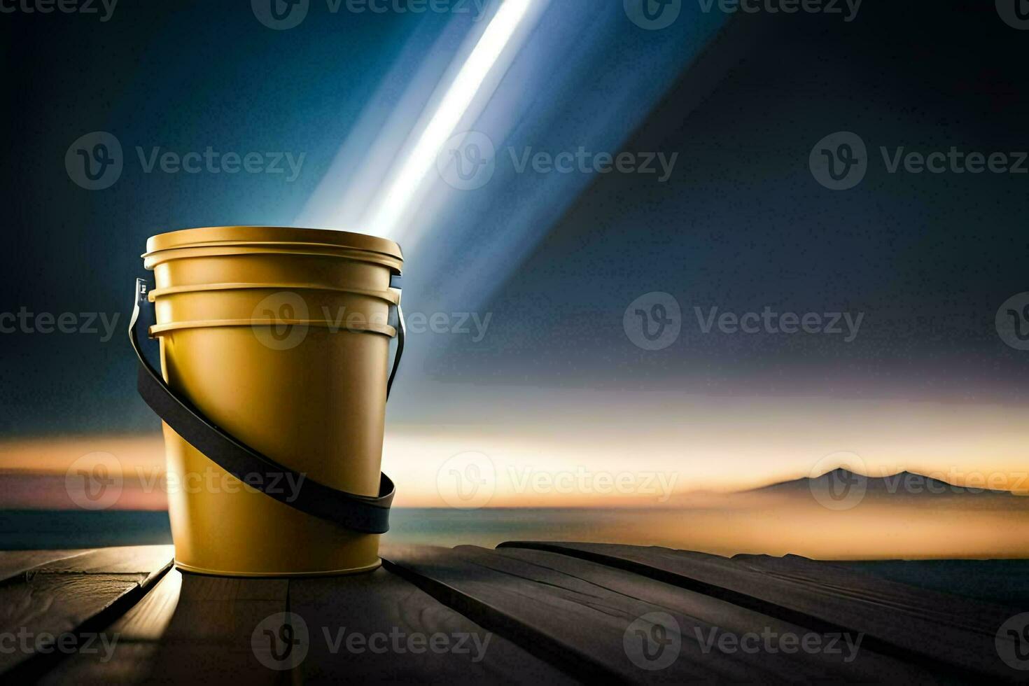 a bucket with a light shining from it. AI-Generated photo