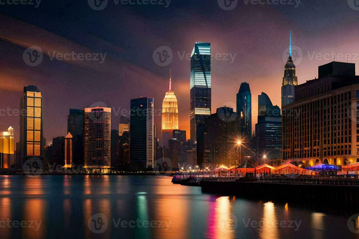 the manhattan skyline at night. AI-Generated photo