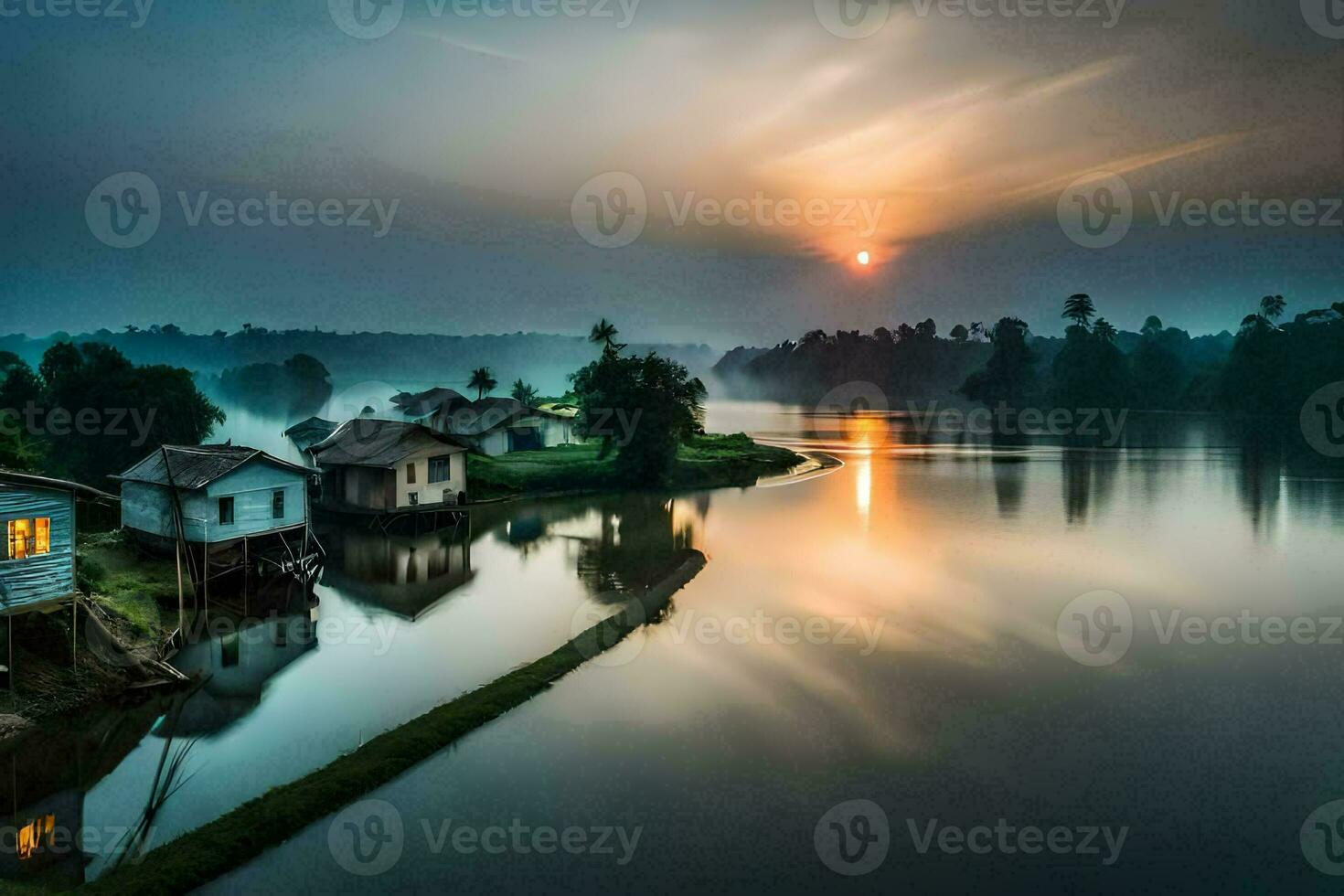 a beautiful sunrise over a river with houses. AI-Generated photo