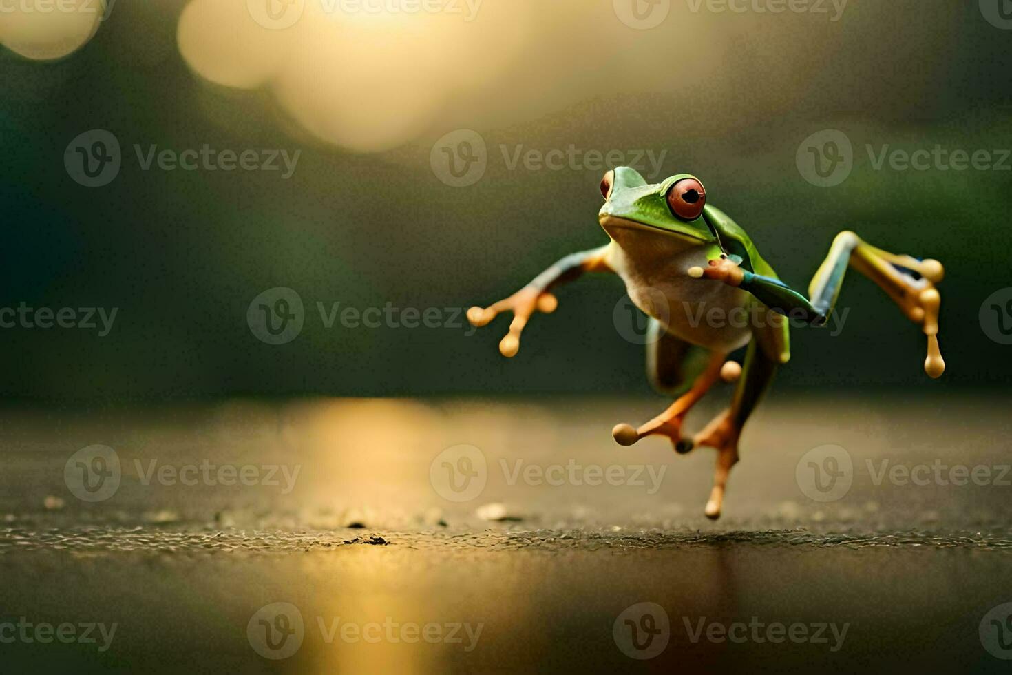 a frog jumping on the ground with its legs spread. AI-Generated photo