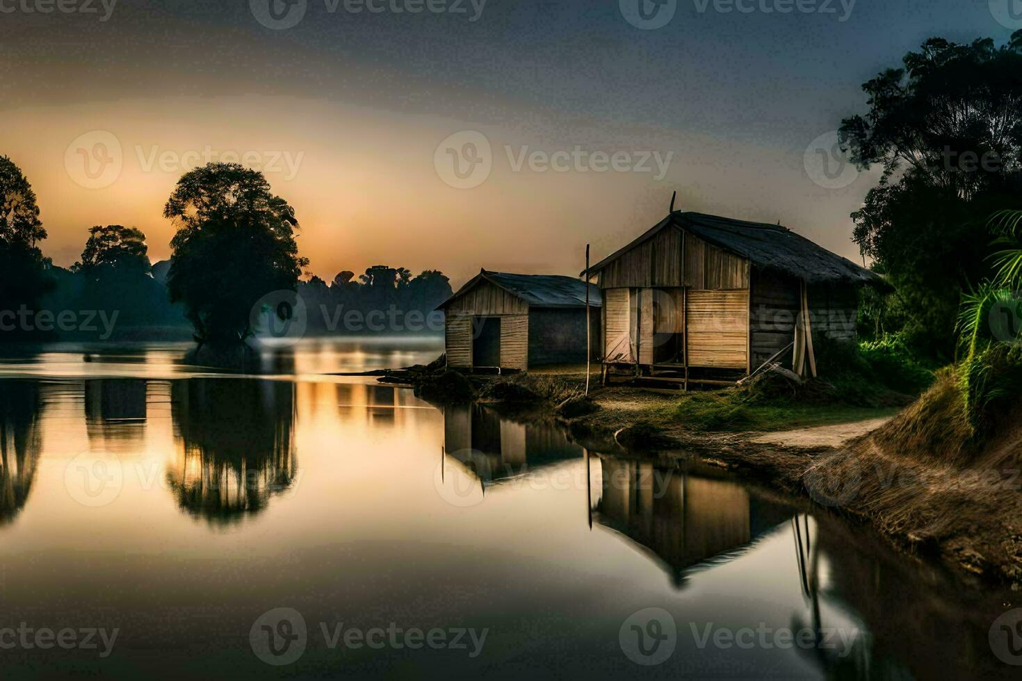 a small house sits on the shore of a river. AI-Generated photo