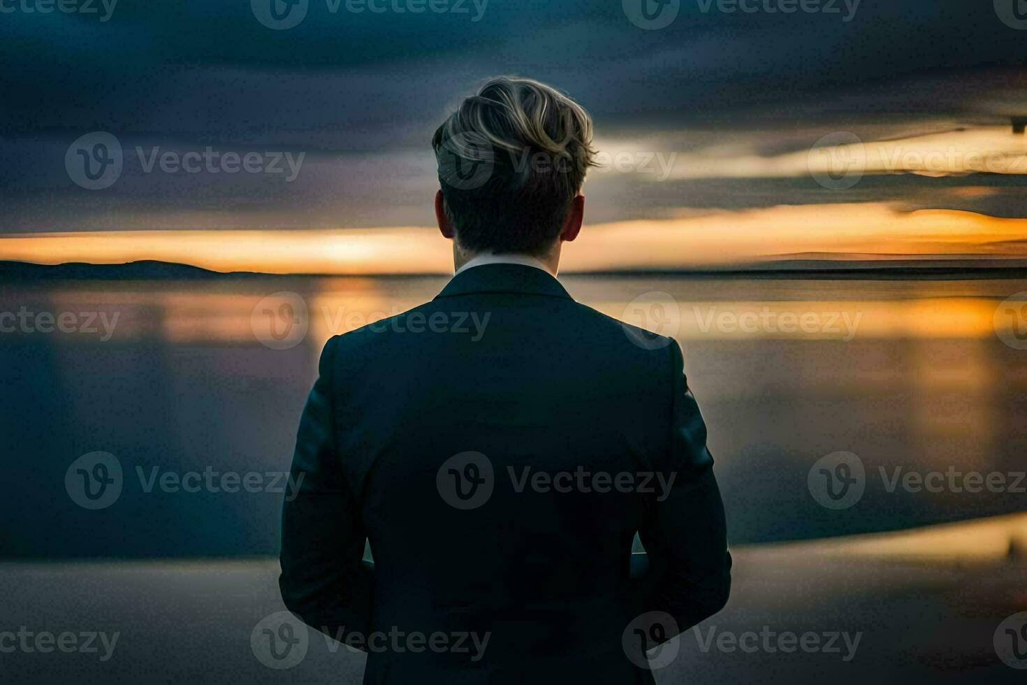 un hombre en un traje soportes en frente de un cuerpo de agua a puesta de sol. generado por ai foto