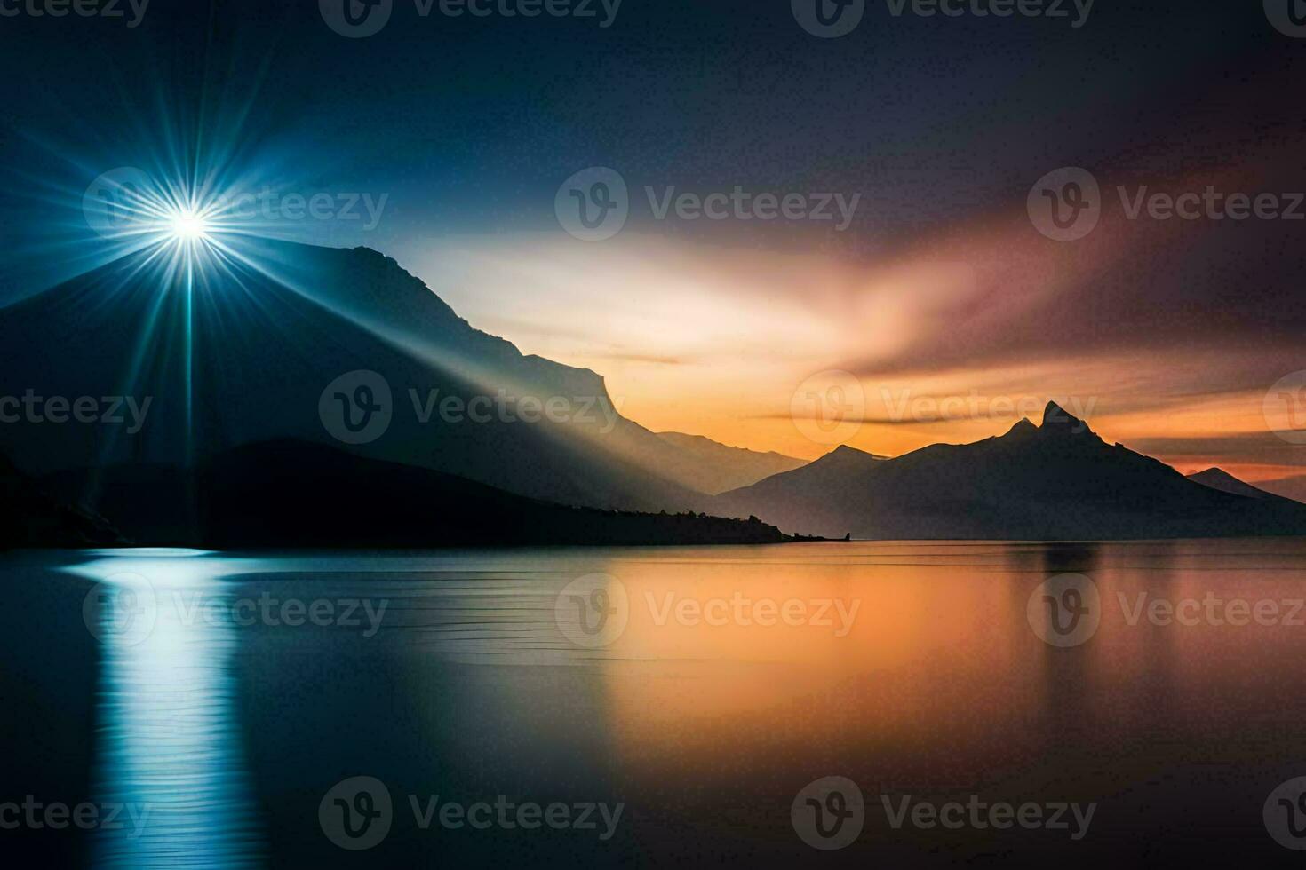 the sun shines over a mountain range and lake. AI-Generated photo
