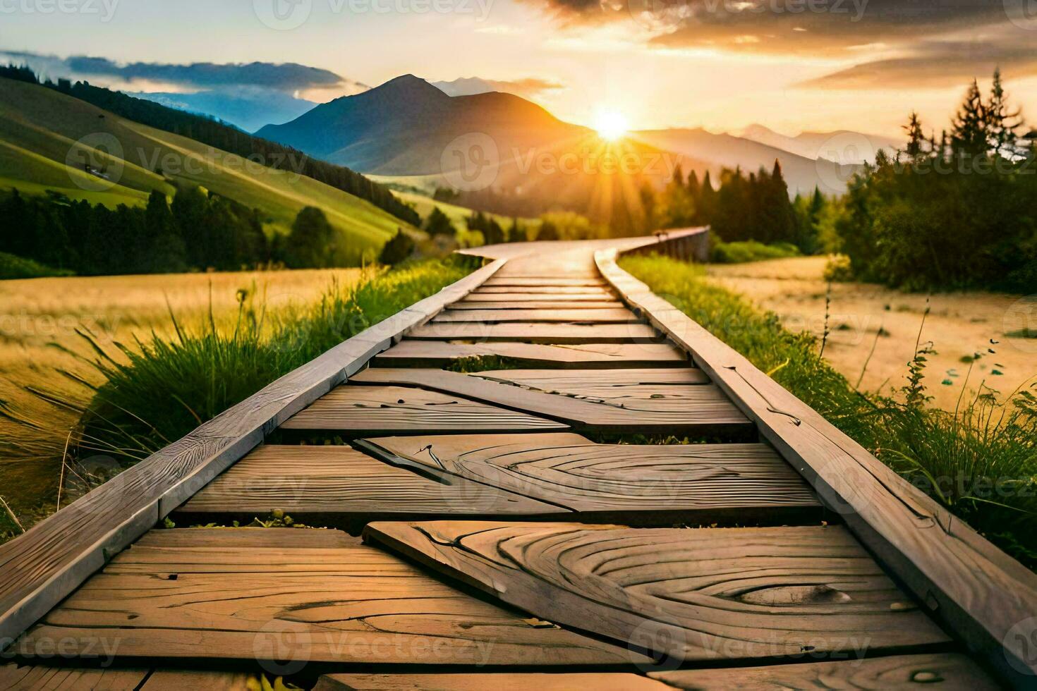 a wooden path leads to the sun in the mountains. AI-Generated photo