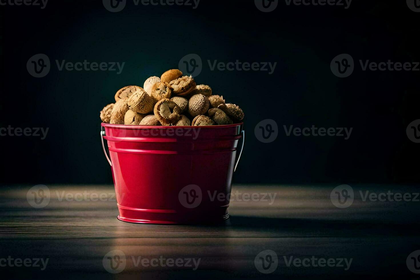 a red bucket filled with peanuts on a dark table. AI-Generated photo