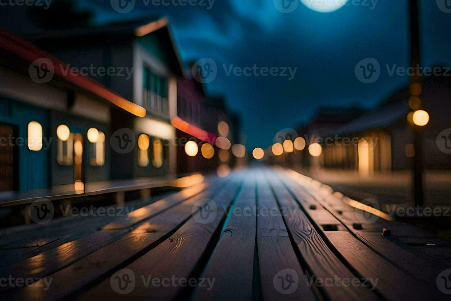 a long wooden boardwalk at night with lights on. AI-Generated photo