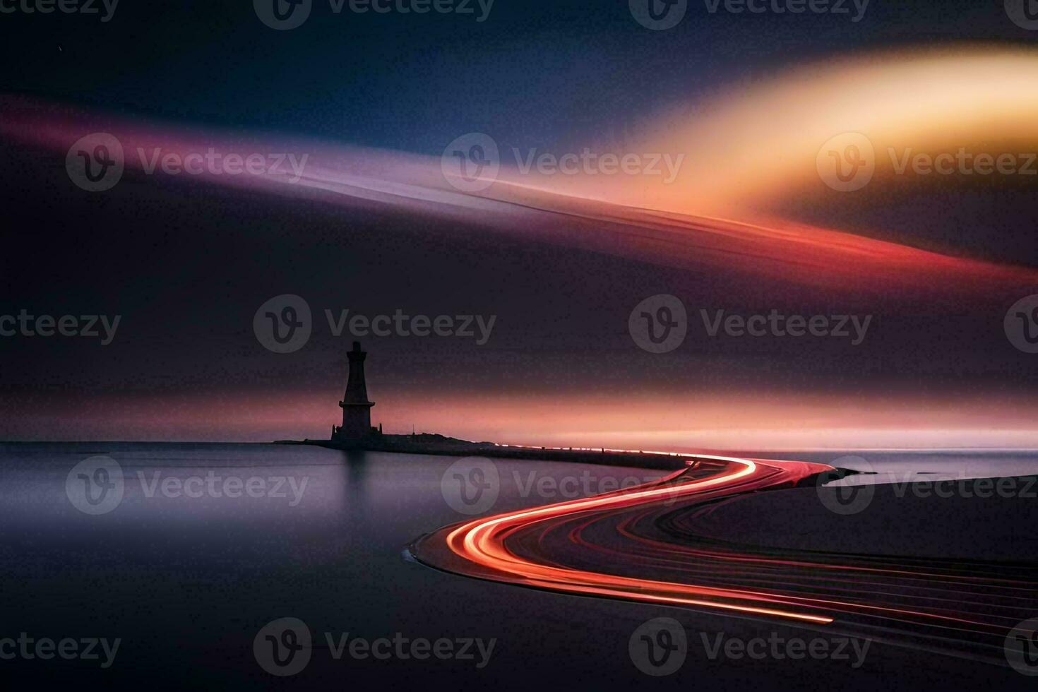 a long exposure photograph of a lighthouse and a car driving along the road. AI-Generated photo