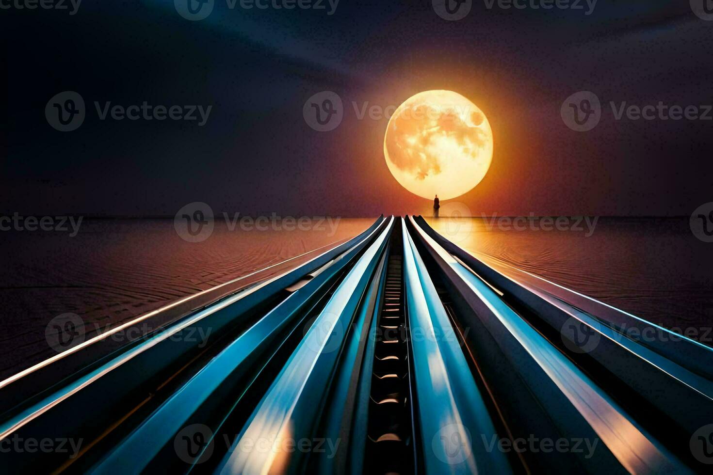 a train track with a full moon in the background. AI-Generated photo