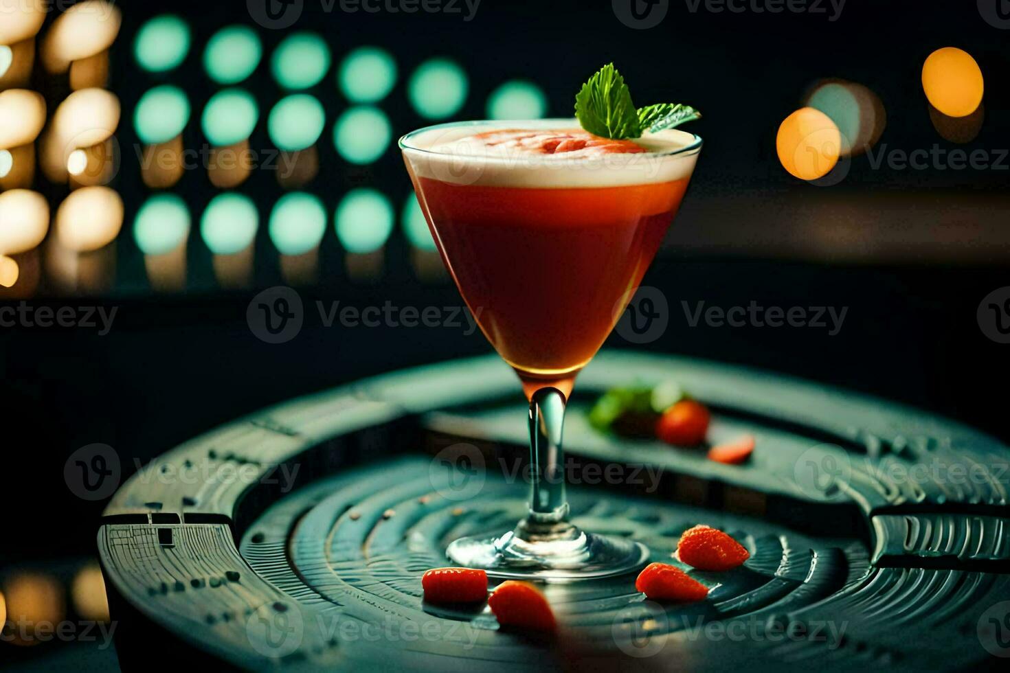 a drink with a strawberry garnish sits on a table. AI-Generated photo