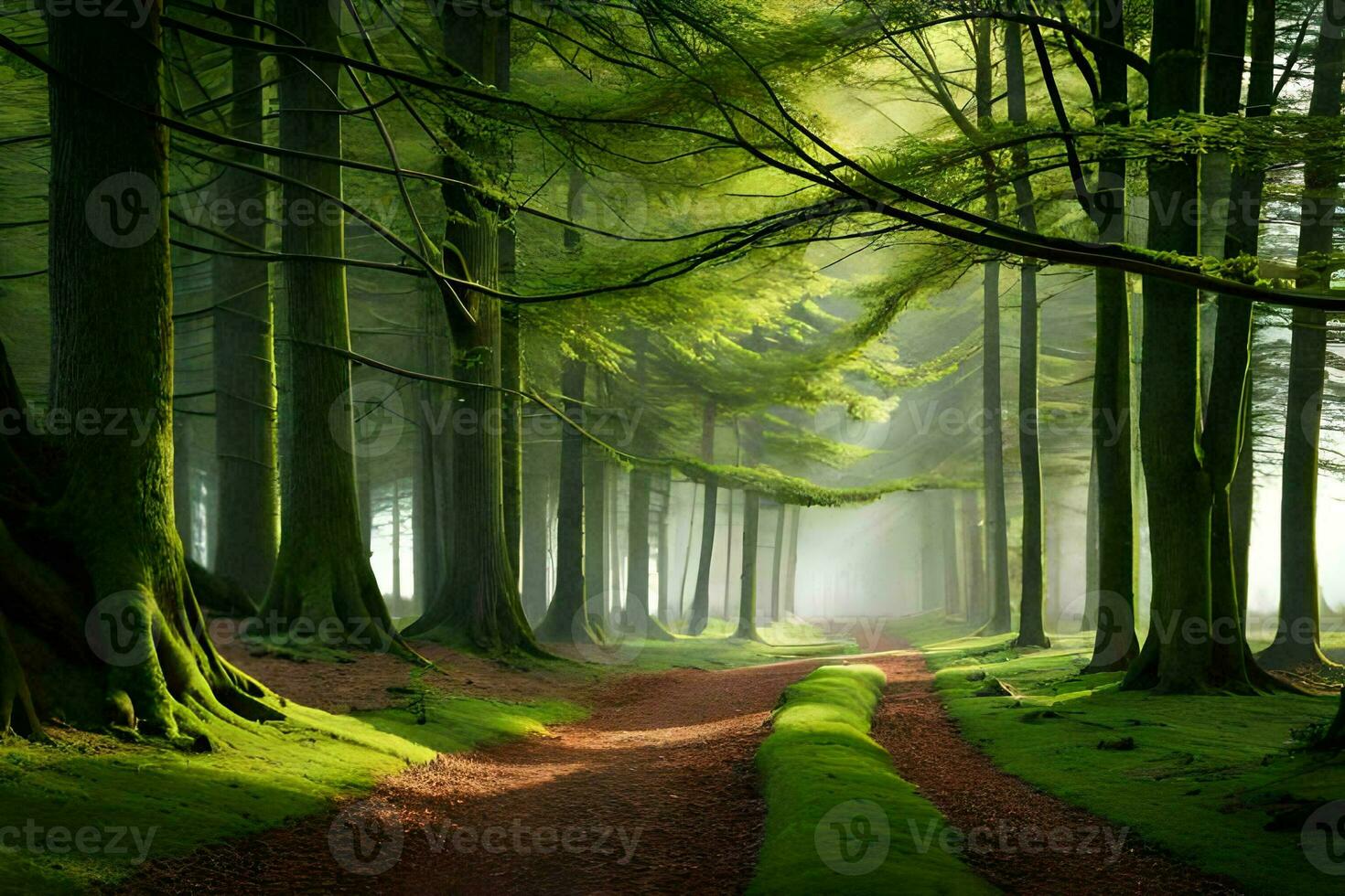 a path through a forest with trees and grass. AI-Generated photo