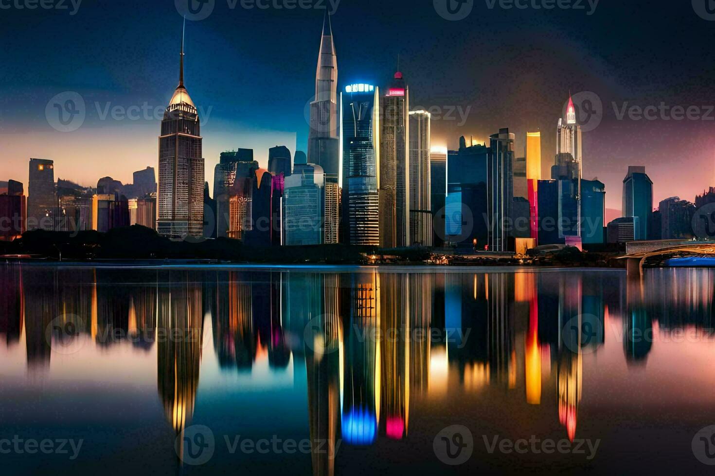 the city skyline is reflected in the water at night. AI-Generated photo