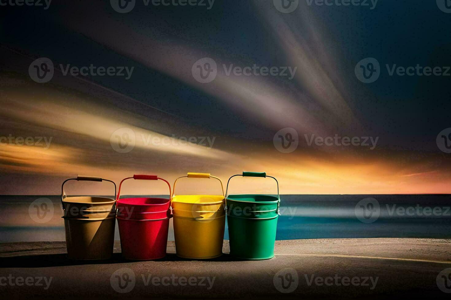 three colorful buckets sitting on the beach at sunset. AI-Generated photo