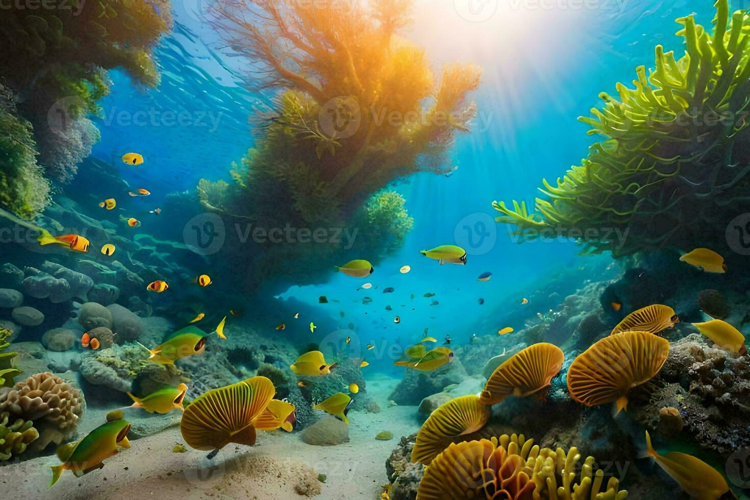 an underwater scene with coral reefs and fish. AI-Generated photo