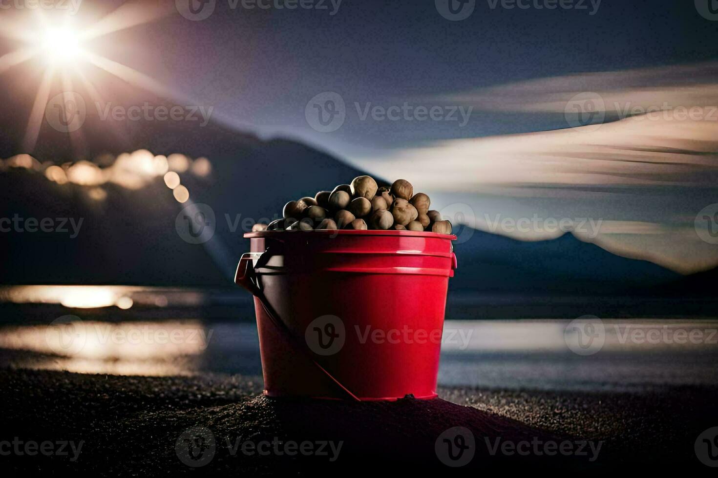 a bucket of nuts on the beach with the sun shining. AI-Generated photo