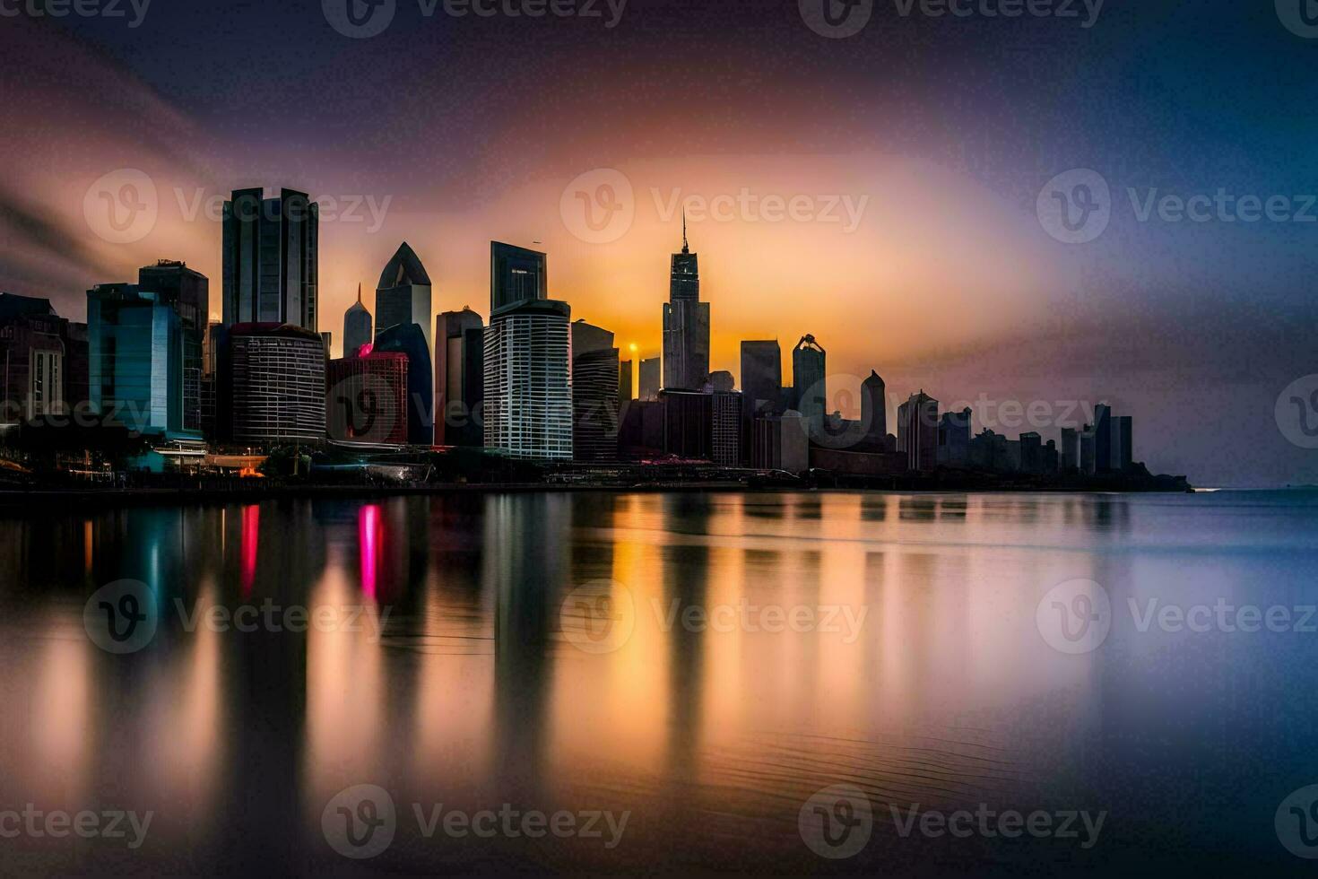 the chicago skyline is reflected in the water at sunset. AI-Generated photo