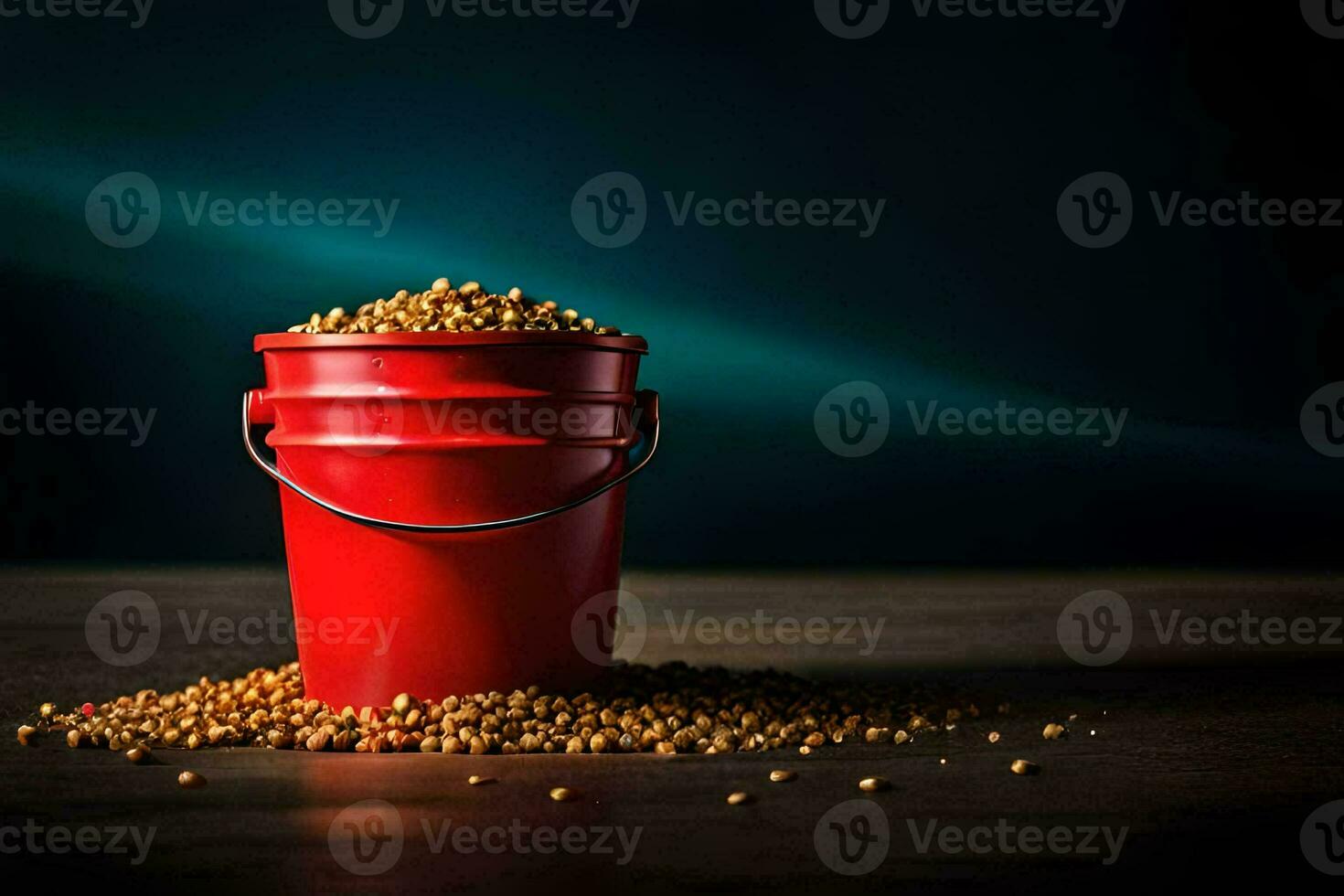 a red bucket filled with yellow seeds on a dark table. AI-Generated photo