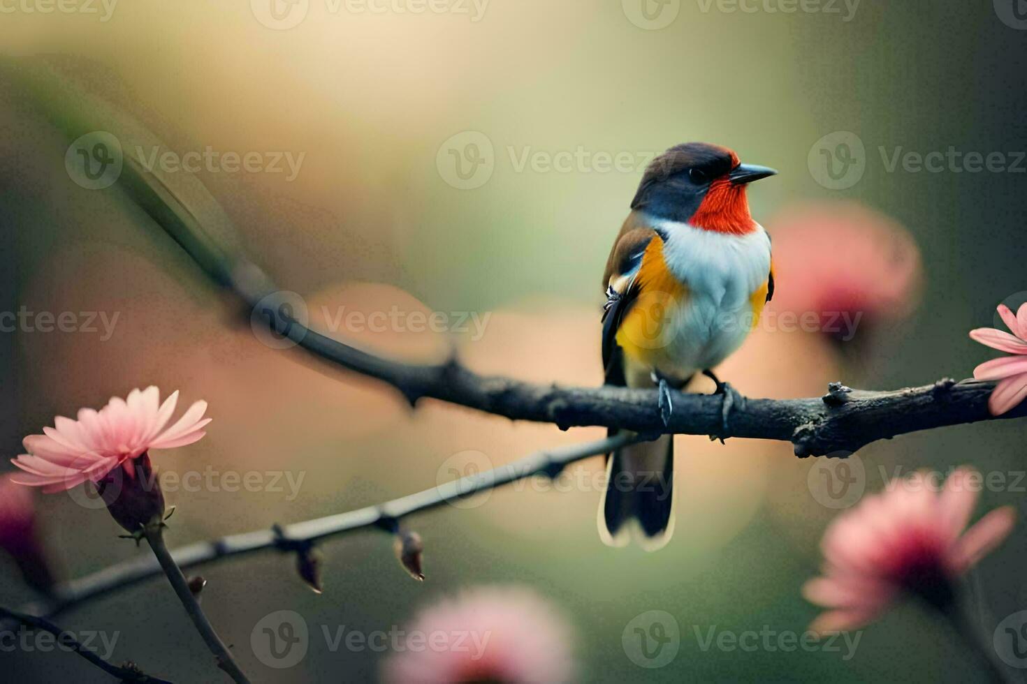 a bird sitting on a branch with pink flowers. AI-Generated photo