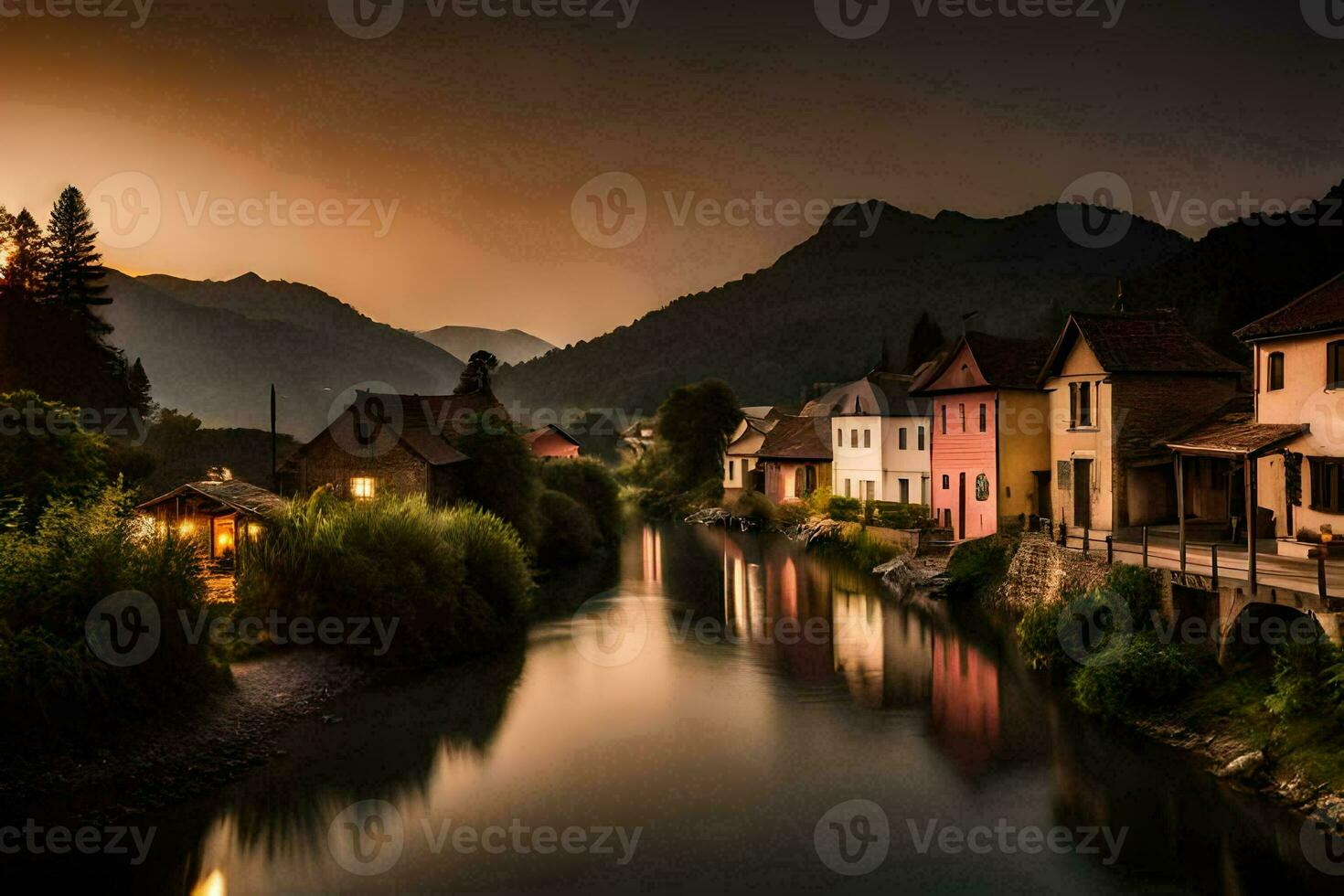 a river runs through a town at sunset. AI-Generated photo
