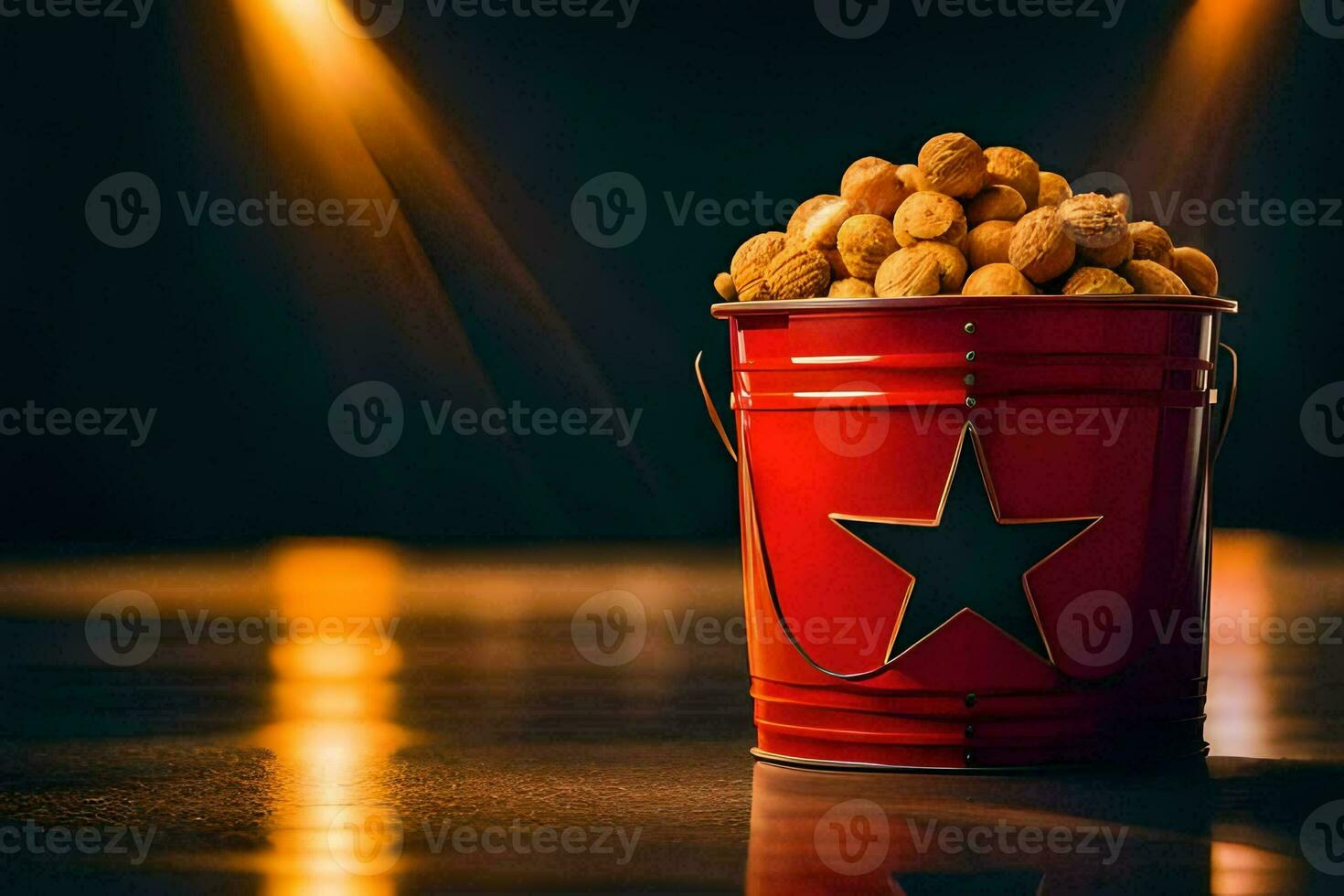 a red bucket filled with peanuts and a star. AI-Generated photo