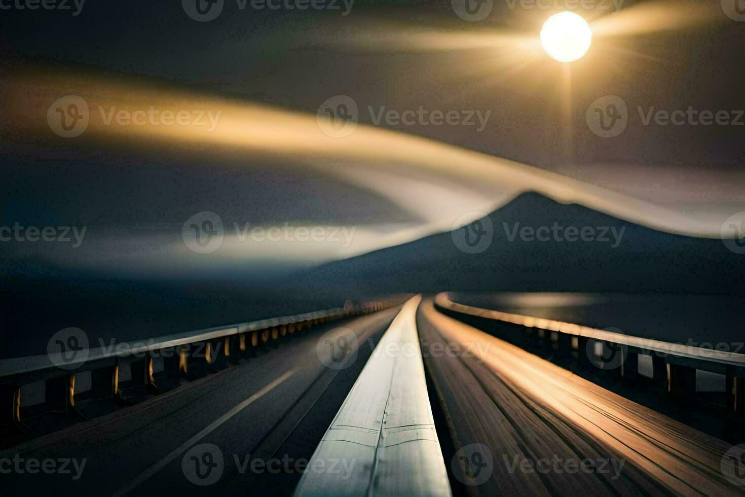 a long bridge with the sun shining over it. AI-Generated photo