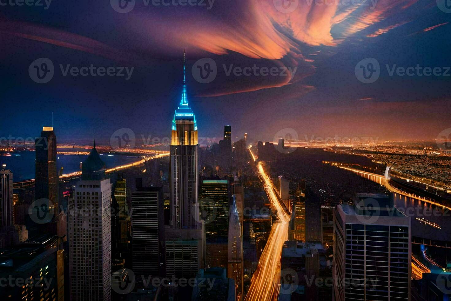 the city skyline at night with clouds and lightning. AI-Generated photo