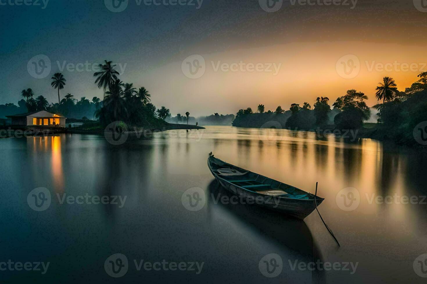 a boat sits on the water at sunset. AI-Generated photo