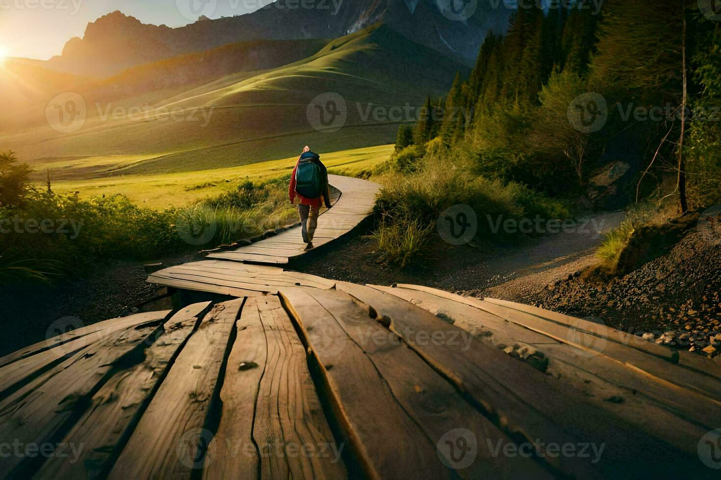 a person walking on a wooden path in the mountains. AI-Generated photo