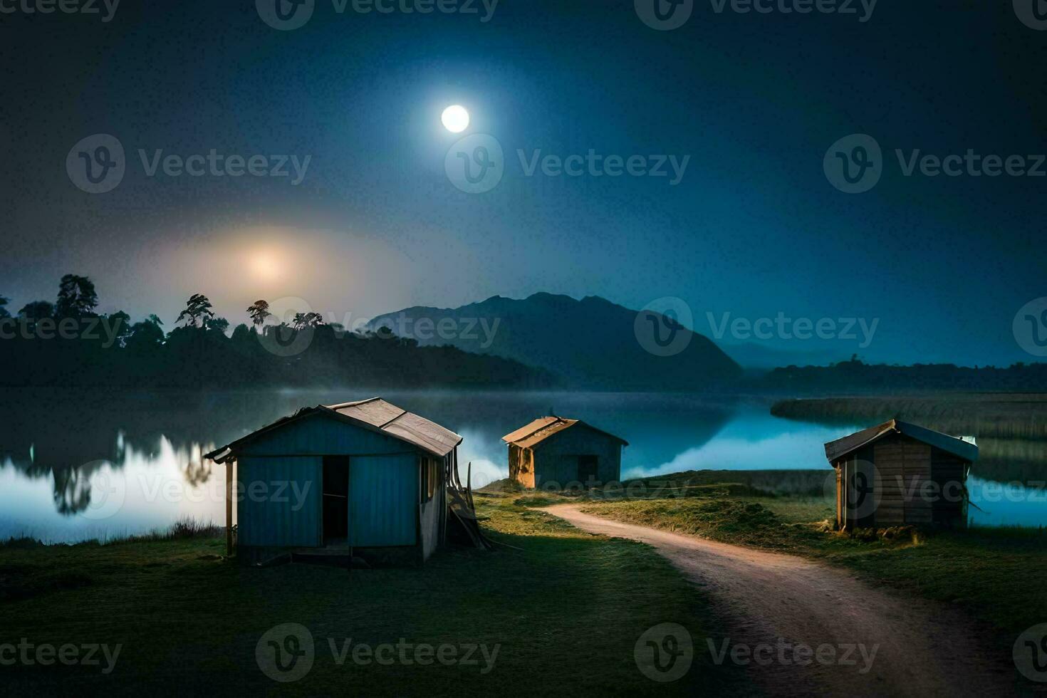 foto fondo de pantalla el cielo, luna, agua, lago, cabaña, camino, luz de la luna, lago. generado por ai