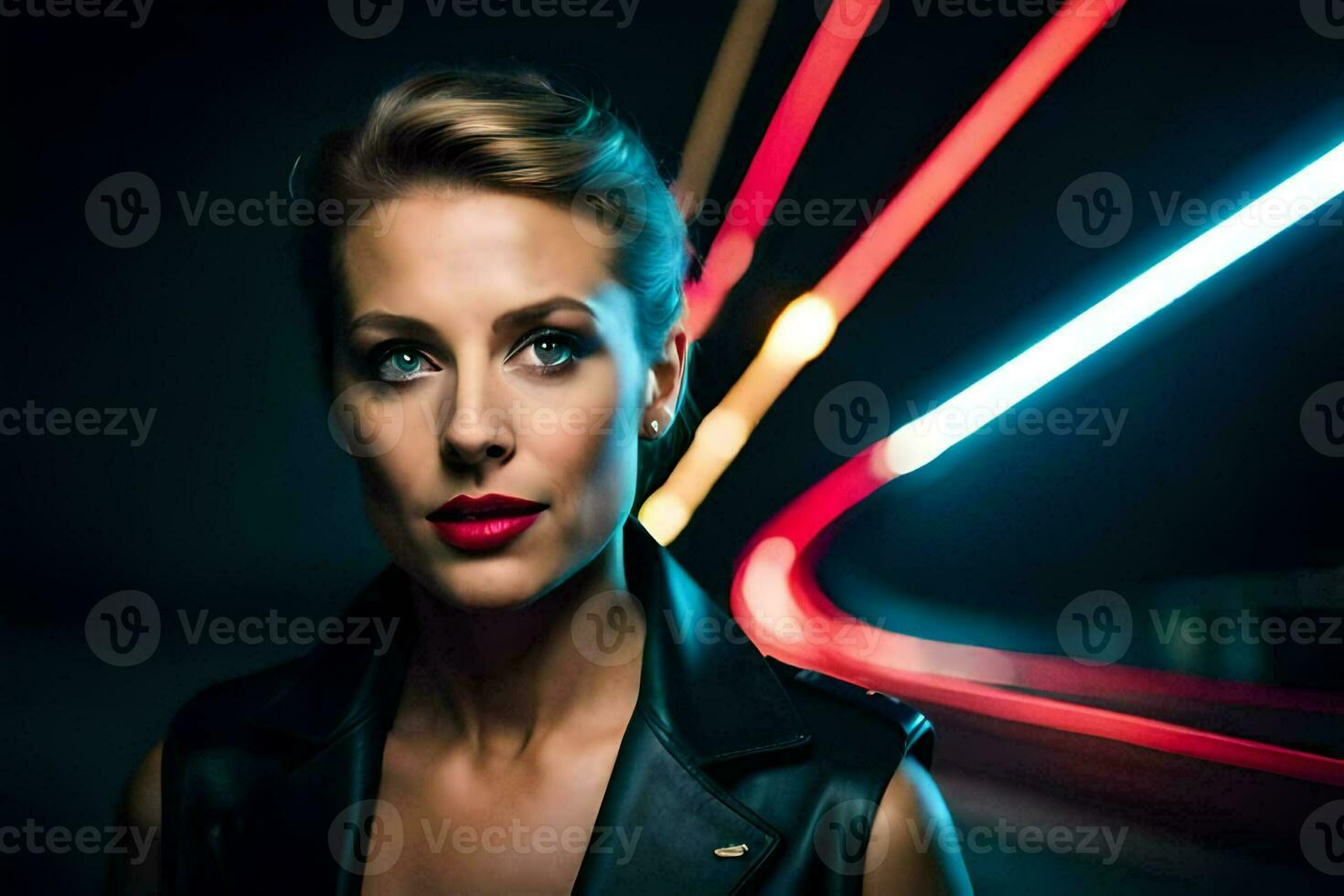 a woman with red lipstick and black leather jacket in front of a bright light. AI-Generated photo