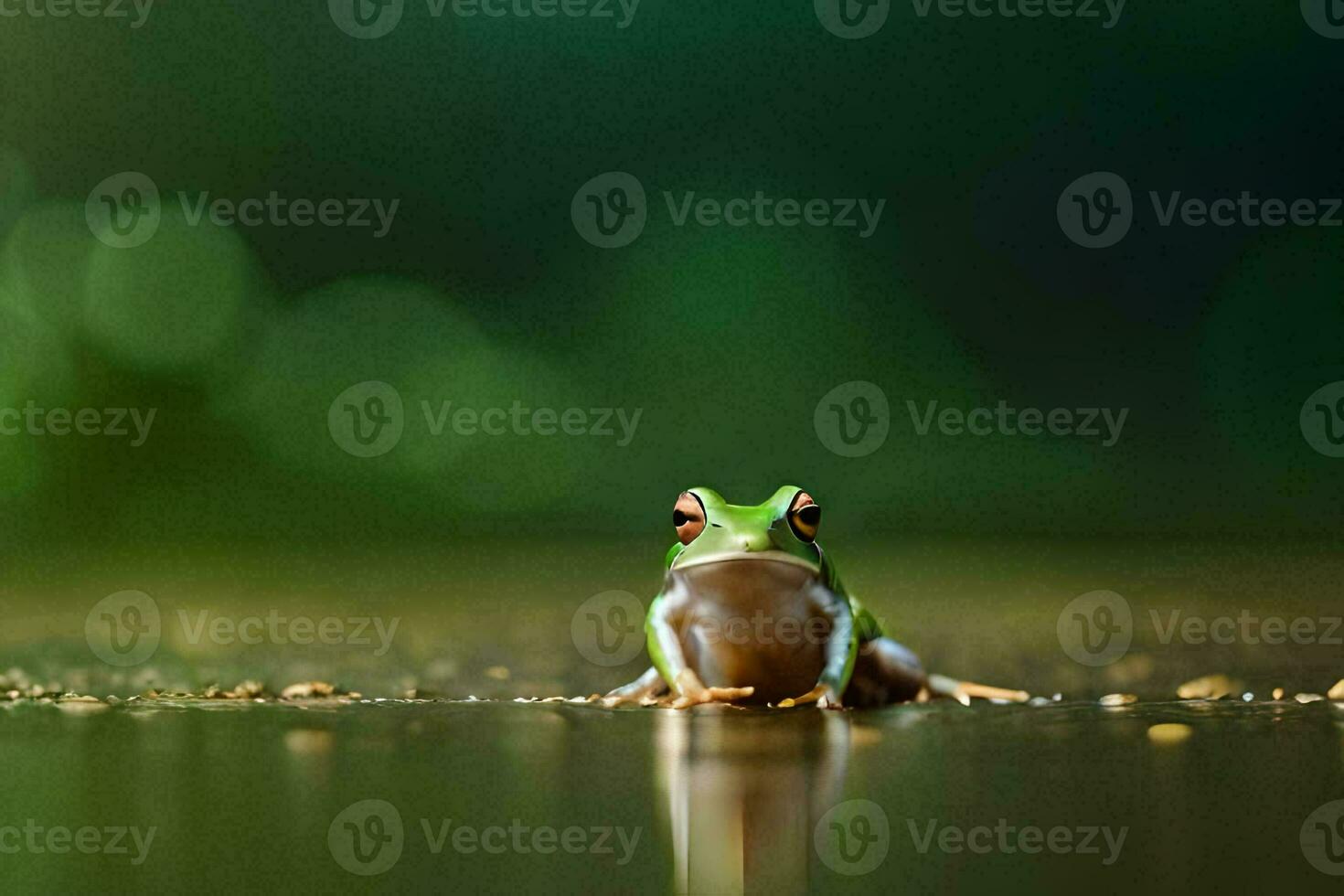 a frog sitting on the ground with a green background. AI-Generated photo
