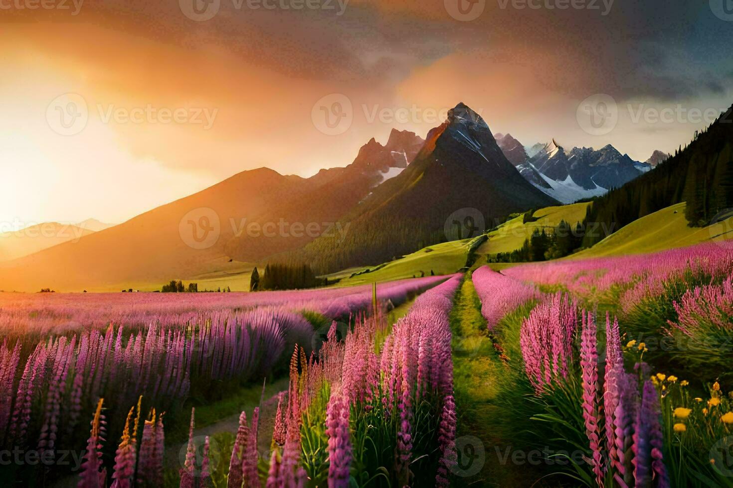 the sun rises over the mountains and the flowers are in bloom. AI-Generated photo