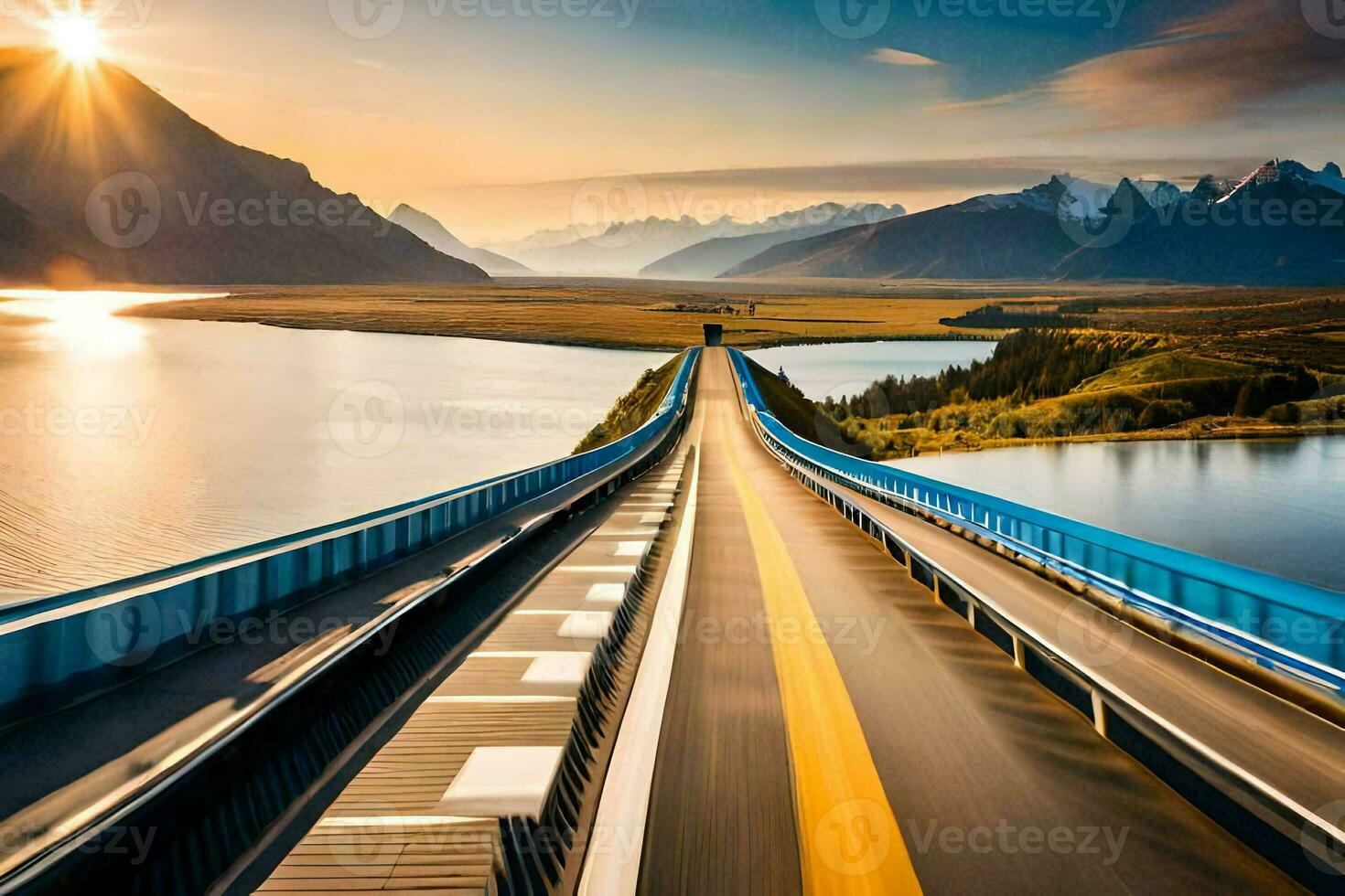 a long bridge with mountains in the background. AI-Generated photo