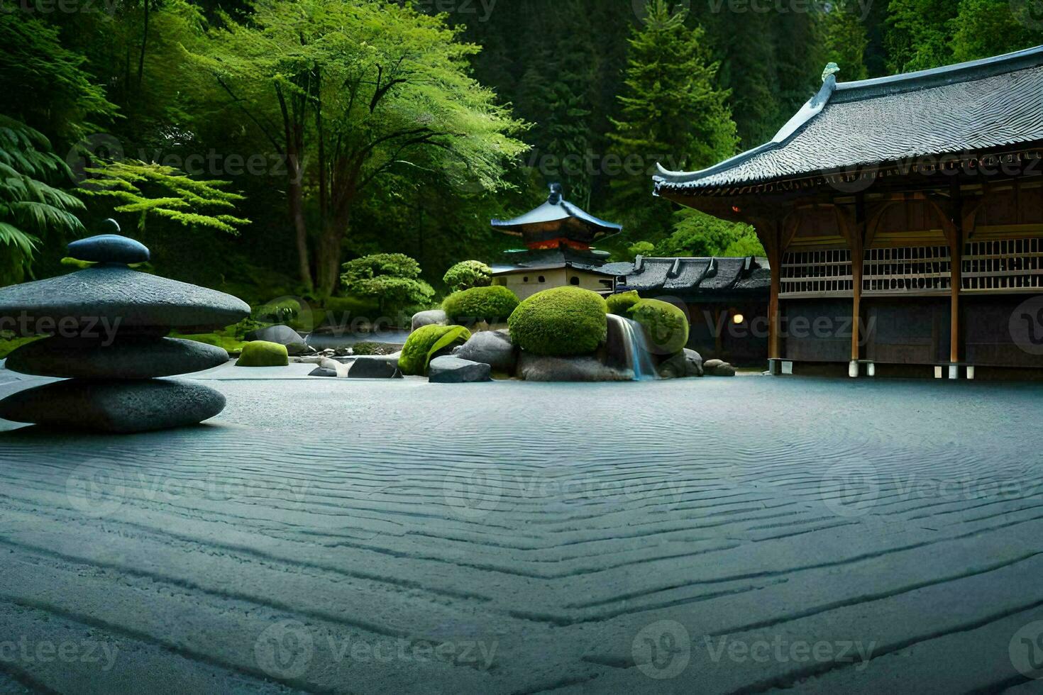 a japanese garden with rocks and a pagoda. AI-Generated photo