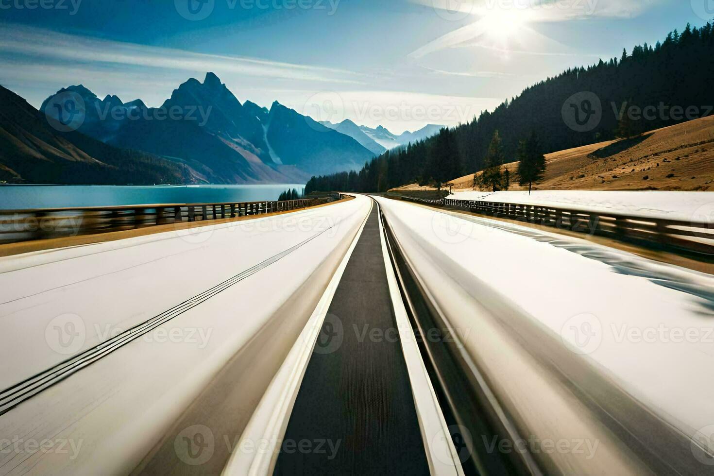a car driving on a highway with snow on the ground. AI-Generated photo